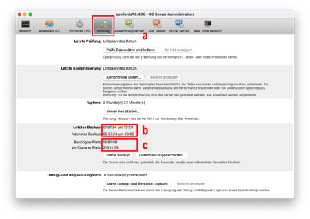 Fenster Administration - Seite Wartung