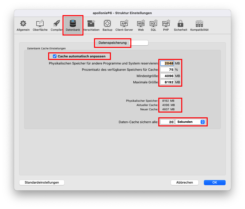 Speichereinstellungen zum sicheren Betrieb