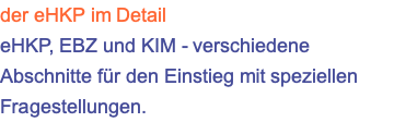 der eHKP im Detail eHKP, EBZ und KIM - verschiedene Abschnitte für den Einstieg mit speziellen Fragestellungen.